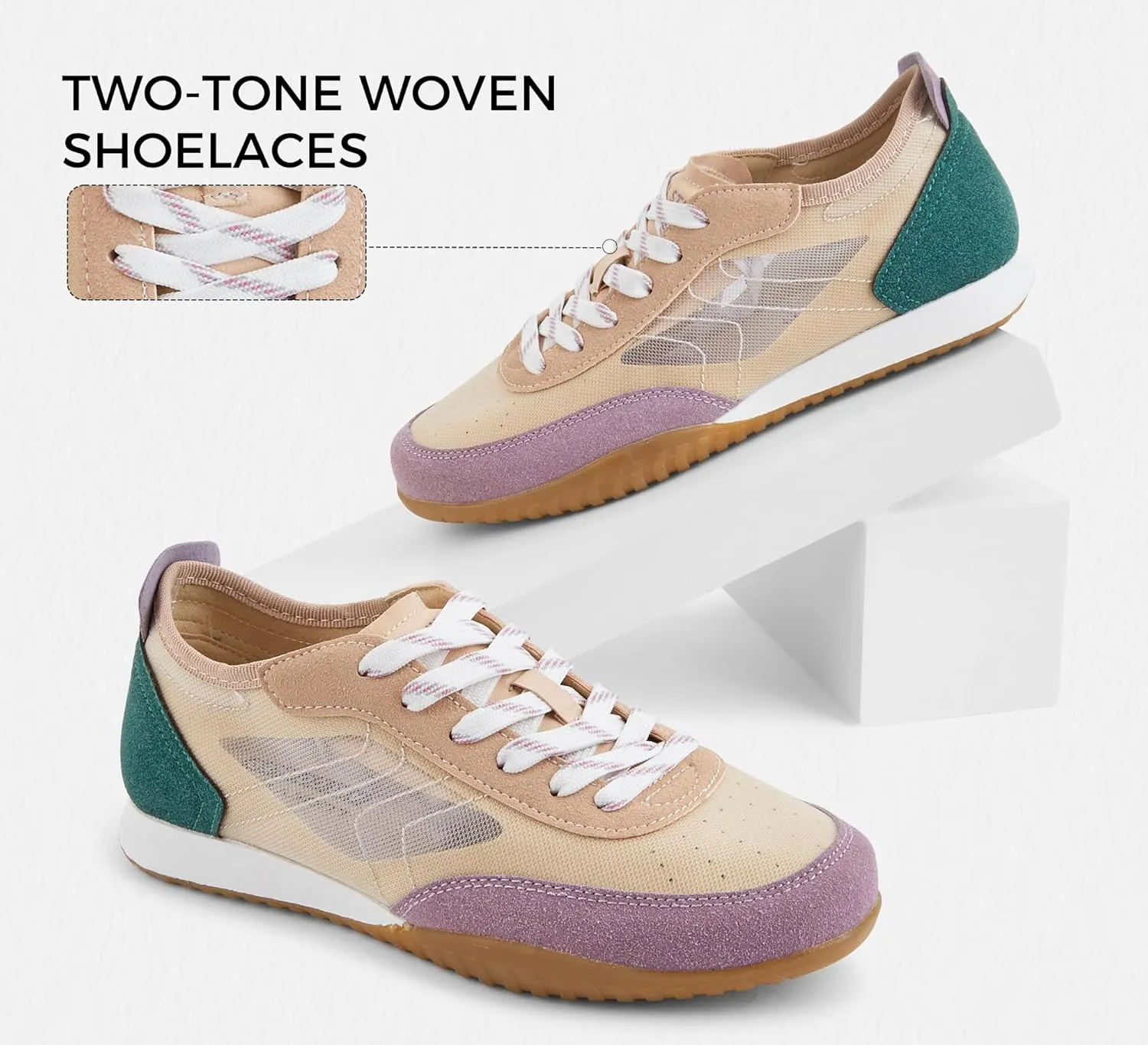LUCKY STEP Women's Mesh Fashion Sneaker Colorblock Breathable Retro Lace-up Stylish Lifestyle Trendy Casual Walking Shoes