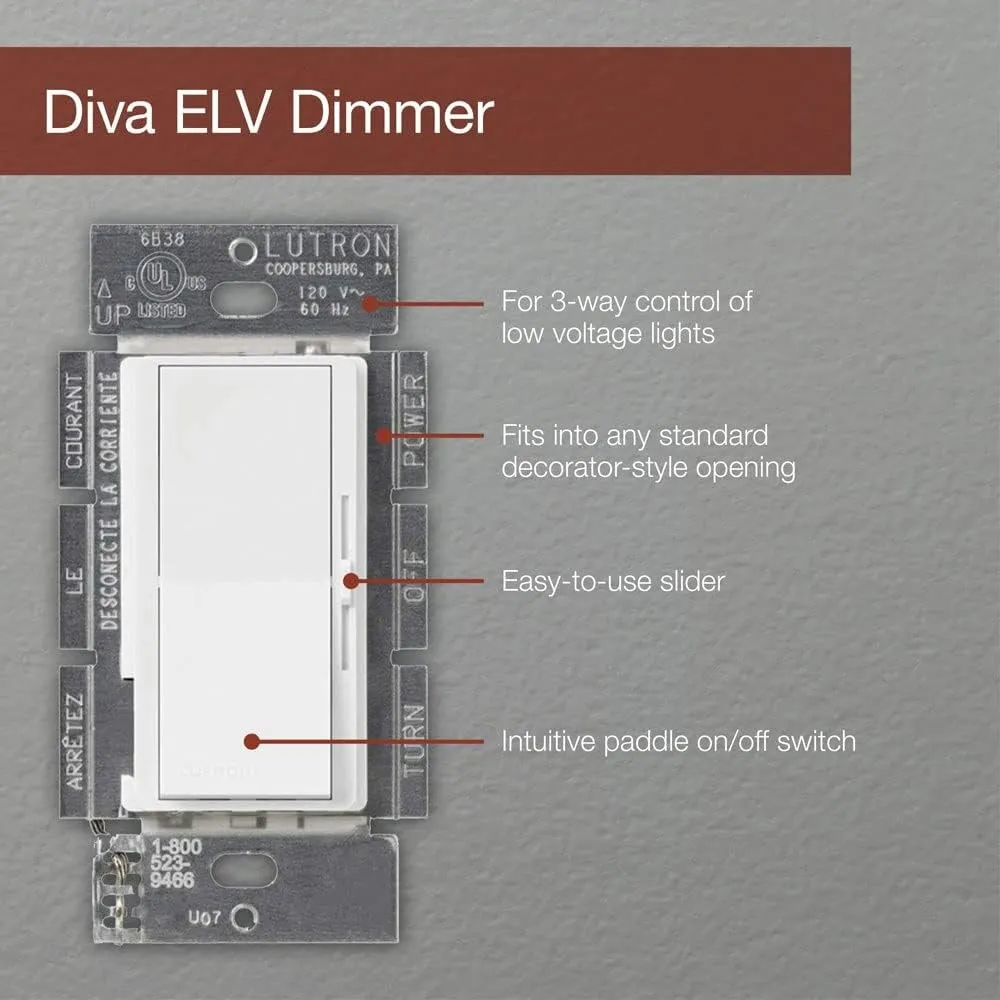 Lutron Diva Electronic Low Voltage Dimmer | 300-Watt, Single-Pole or 3-Way | DVSCELV-303P-BI, Biscuit