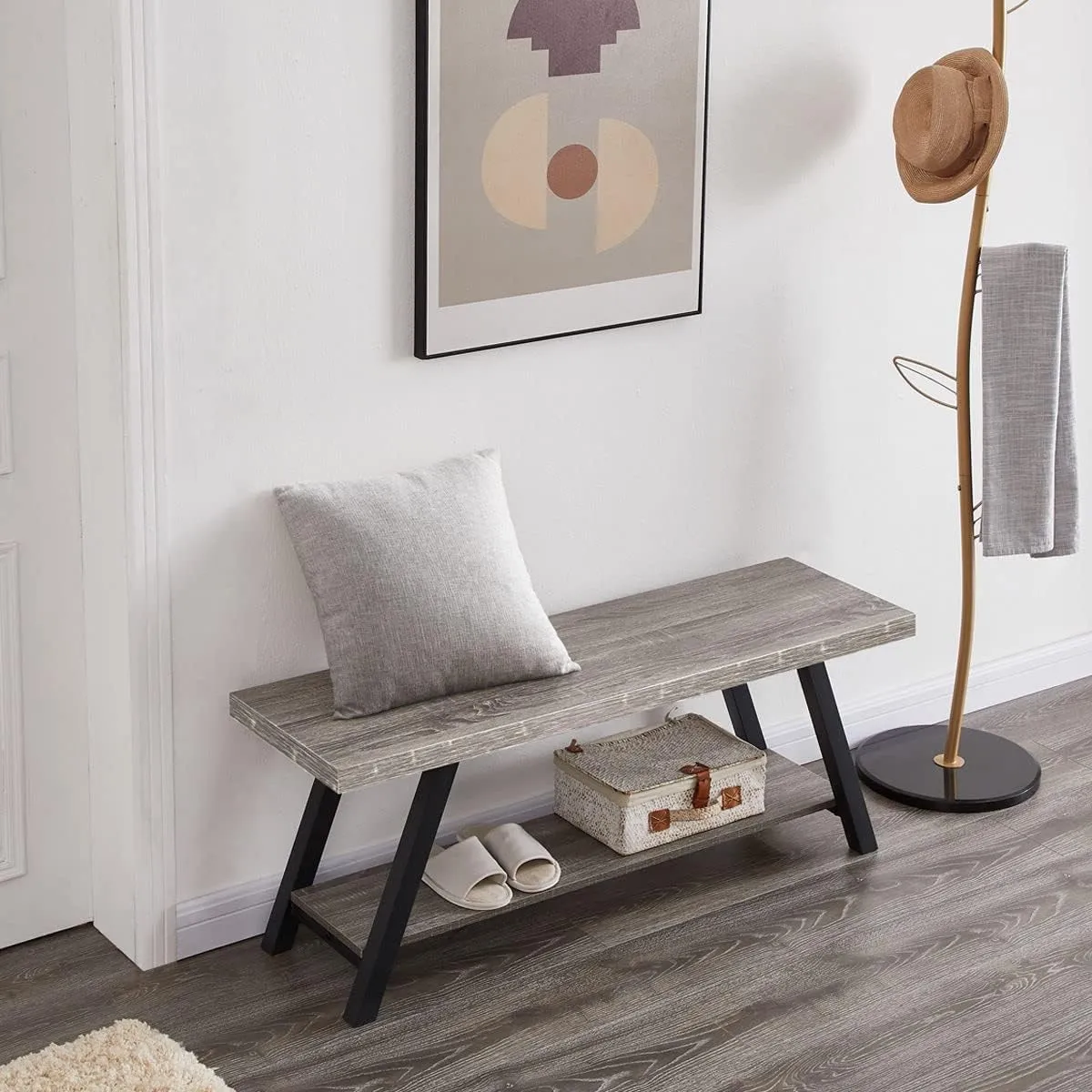 LVB Industrial Entryway Bench, Wood and Metal Storage Bench, Indoor Farmhouse Hallway Accent Entry Bench for Seating Sitting, Shoe Rack Organizer Cabinet in Foyer Bedroom, Light Grey Oak, 47 Inch Long