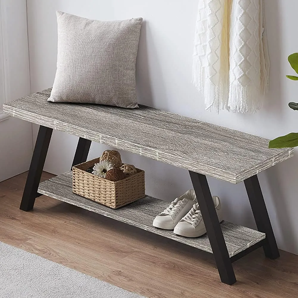 LVB Industrial Entryway Bench, Wood and Metal Storage Bench, Indoor Farmhouse Hallway Accent Entry Bench for Seating Sitting, Shoe Rack Organizer Cabinet in Foyer Bedroom, Light Grey Oak, 47 Inch Long