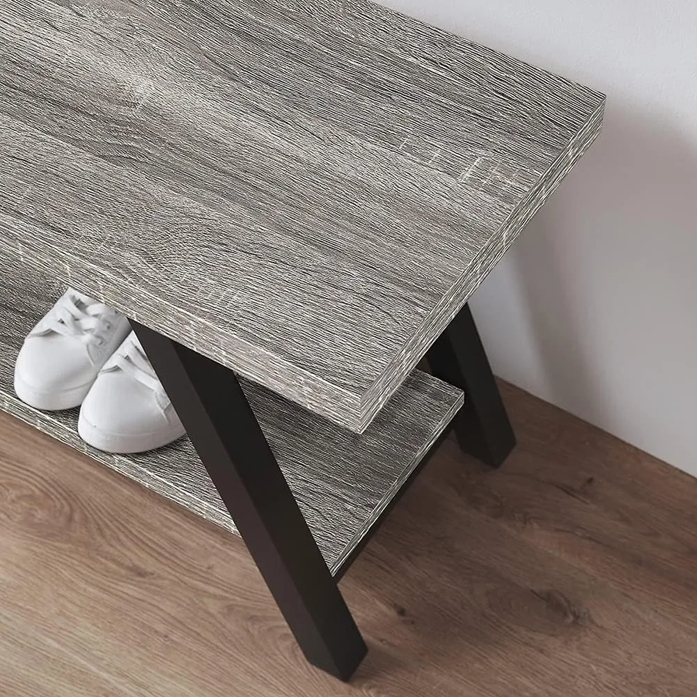 LVB Industrial Entryway Bench, Wood and Metal Storage Bench, Indoor Farmhouse Hallway Accent Entry Bench for Seating Sitting, Shoe Rack Organizer Cabinet in Foyer Bedroom, Light Grey Oak, 47 Inch Long