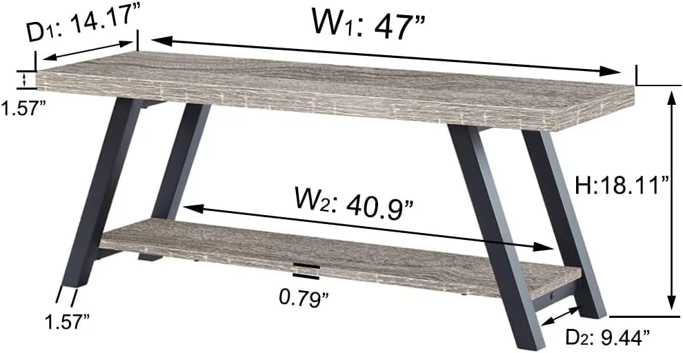 LVB Industrial Entryway Bench, Wood and Metal Storage Bench, Indoor Farmhouse Hallway Accent Entry Bench for Seating Sitting, Shoe Rack Organizer Cabinet in Foyer Bedroom, Light Grey Oak, 47 Inch Long
