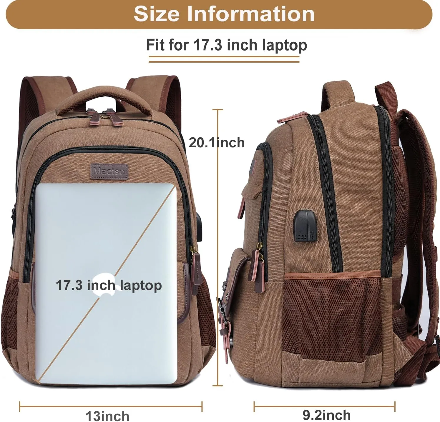 Mactso Canvas Travel Laptop Backpack for Men Women, Business Work Rucksack College Computer Bag Fits 17.3 Inch Notebook,Bookbag with USB Charging Port (Coffee, 17.3 Inch)