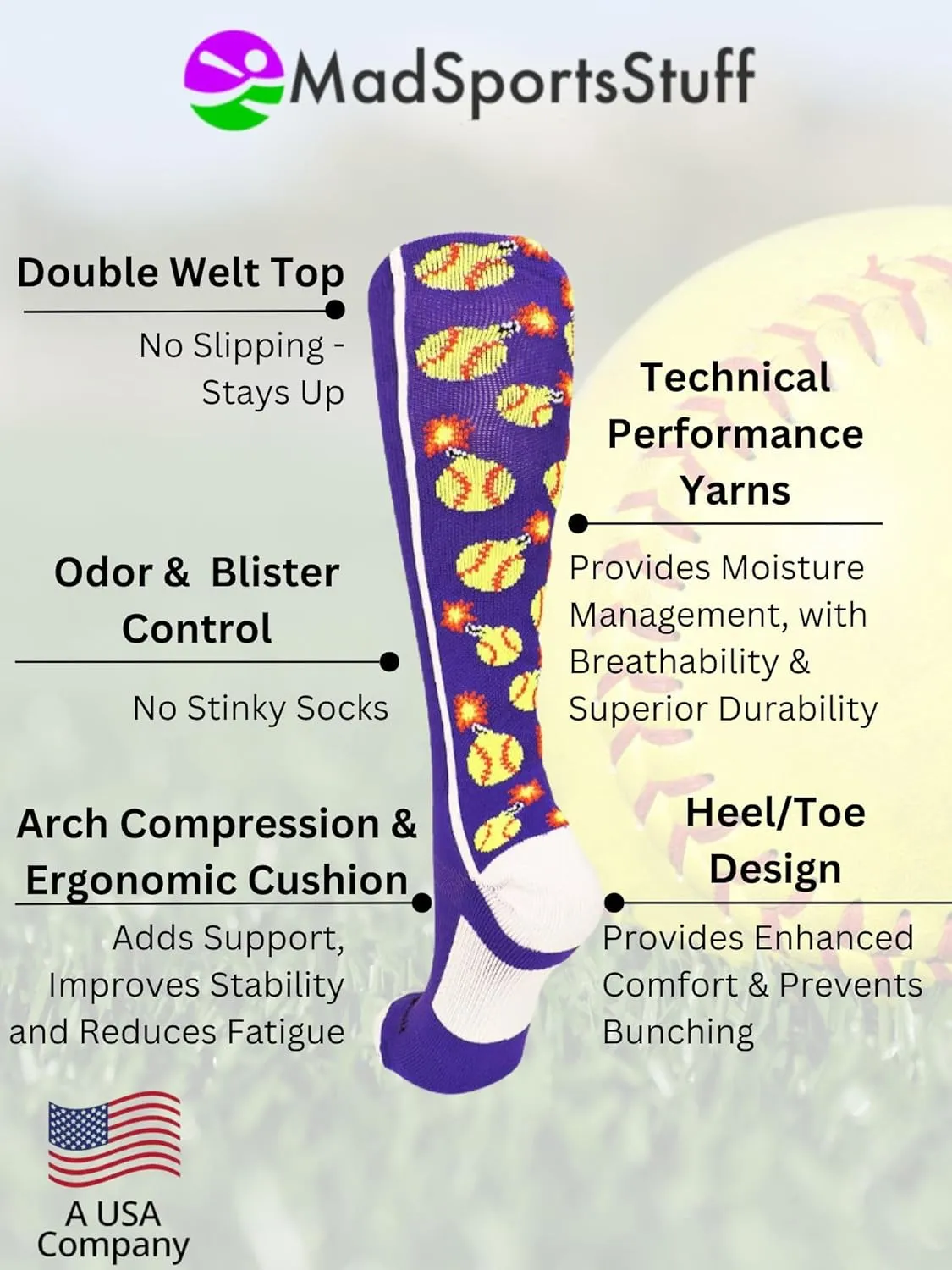 MadSportsStuff Softball Socks with Bombs - Softball Bombers Socks for Girls Women Youth Adult Over the Calf Gift Accessories
