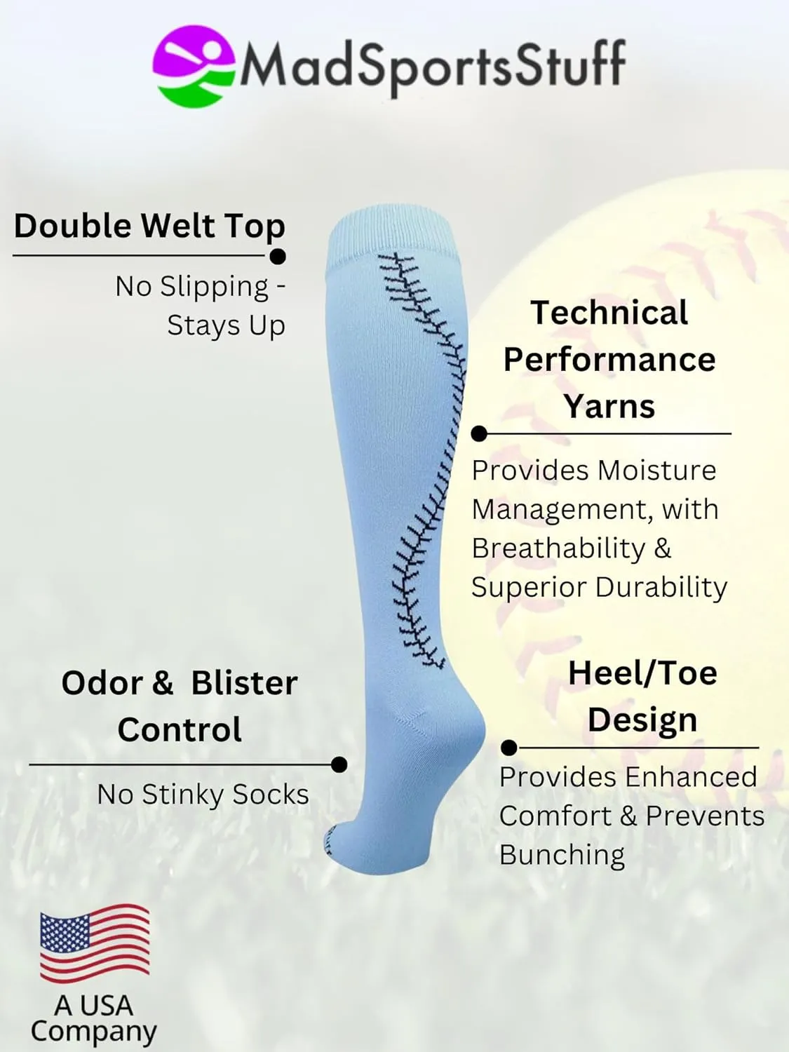 MadSportsStuff Softball Socks with Stitches for Girls and Women Youth and Adult Sizes in Over the Calf Length Kids