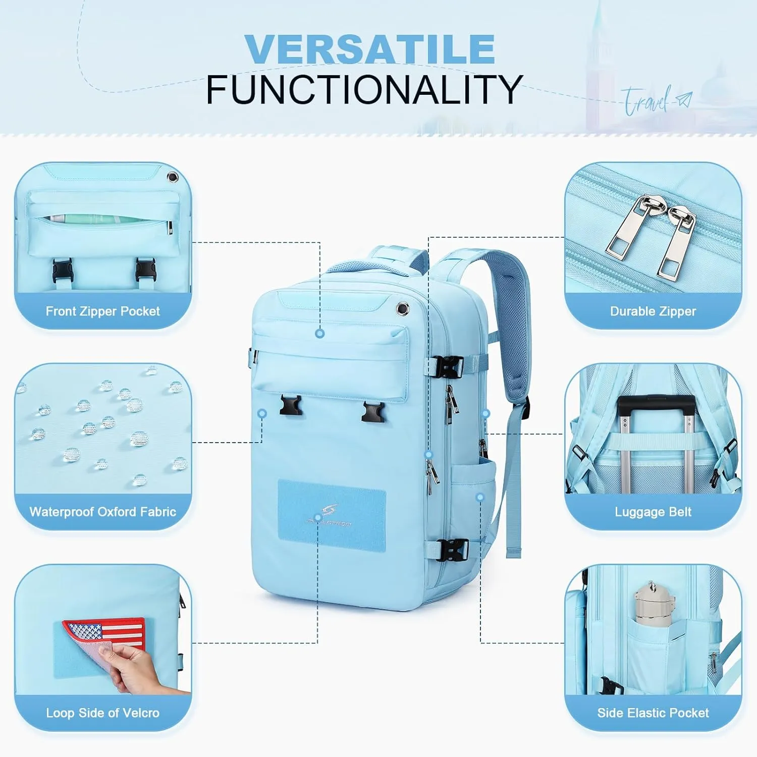Maelstrom Travel Backpack for Women Men,25L Laptop Backpack Fits 17-Inch Laptop,Waterproof Carry On Backpack for Airplanes with Detachable Crossbody Bag&Shoe Compartment,Light Blue, Medium