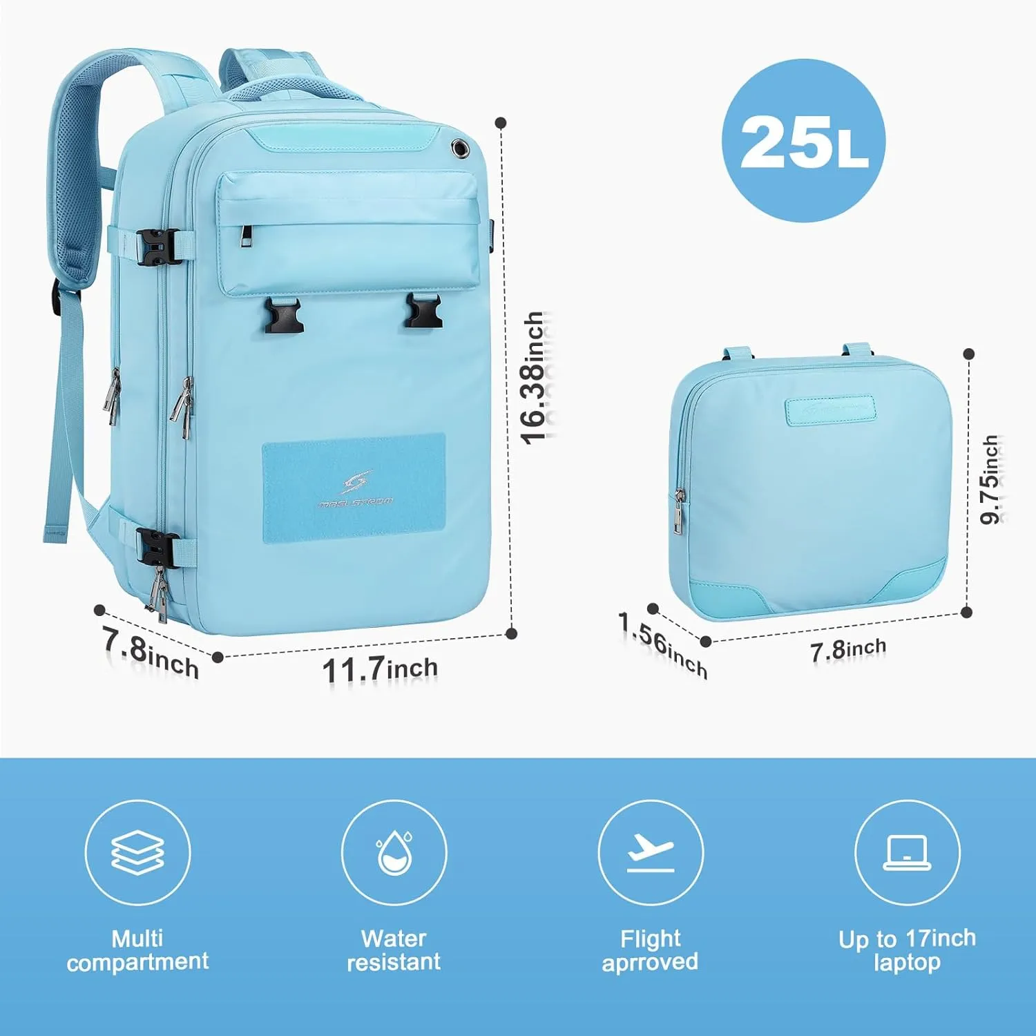 Maelstrom Travel Backpack for Women Men,25L Laptop Backpack Fits 17-Inch Laptop,Waterproof Carry On Backpack for Airplanes with Detachable Crossbody Bag&Shoe Compartment,Light Blue, Medium