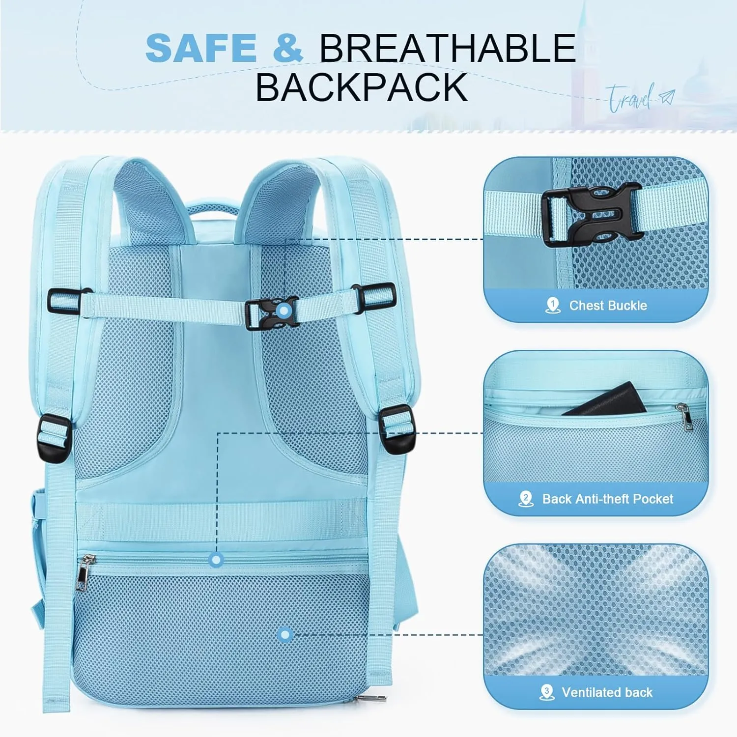 Maelstrom Travel Backpack for Women Men,25L Laptop Backpack Fits 17-Inch Laptop,Waterproof Carry On Backpack for Airplanes with Detachable Crossbody Bag&Shoe Compartment,Light Blue, Medium