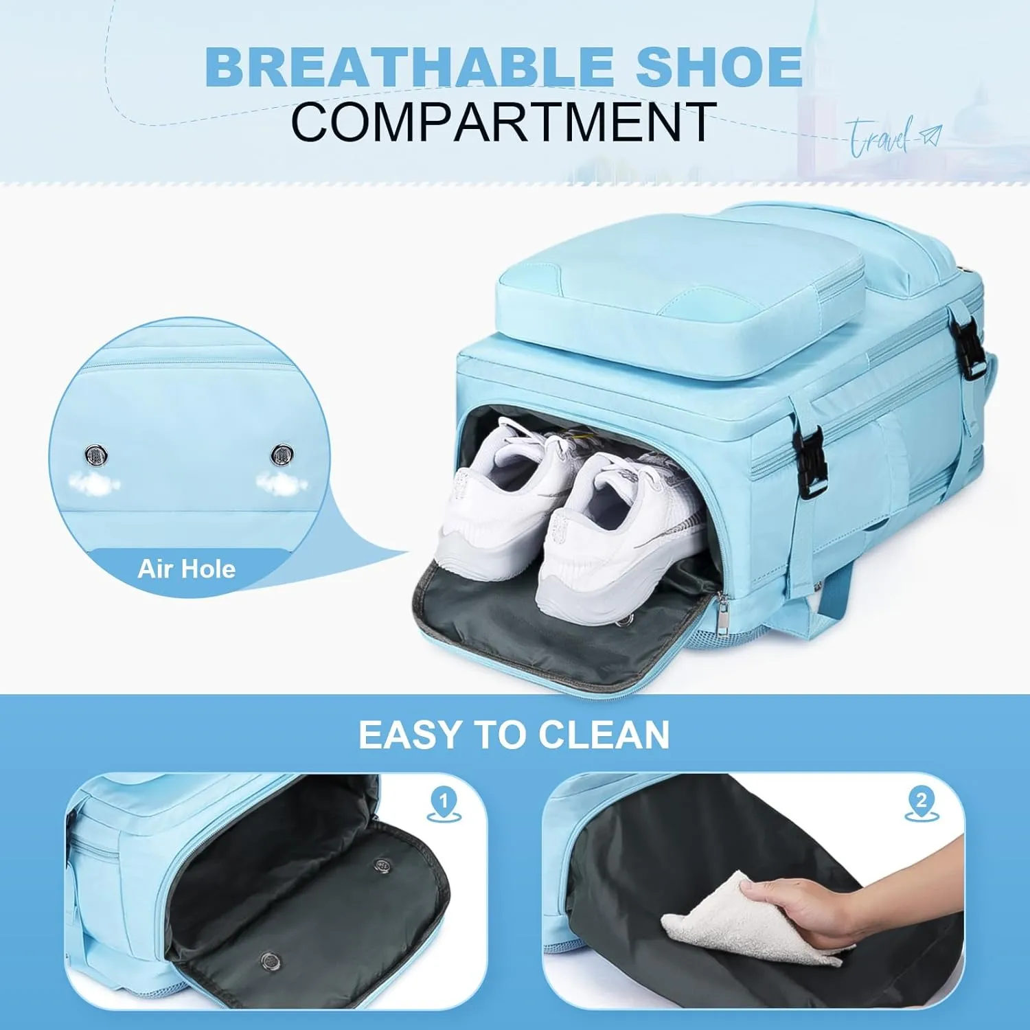 Maelstrom Travel Backpack for Women Men,25L Laptop Backpack Fits 17-Inch Laptop,Waterproof Carry On Backpack for Airplanes with Detachable Crossbody Bag&Shoe Compartment,Light Blue, Medium