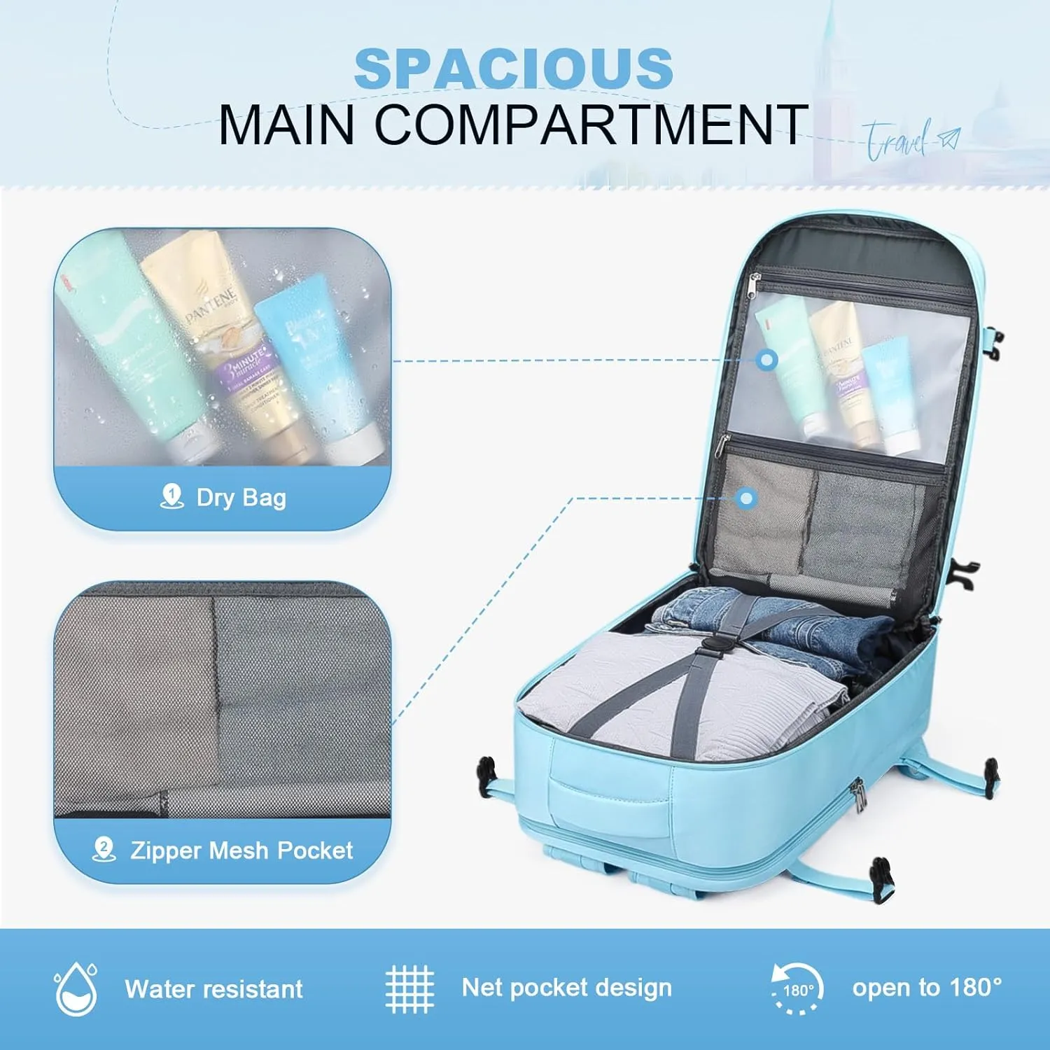 Maelstrom Travel Backpack for Women Men,25L Laptop Backpack Fits 17-Inch Laptop,Waterproof Carry On Backpack for Airplanes with Detachable Crossbody Bag&Shoe Compartment,Light Blue, Medium