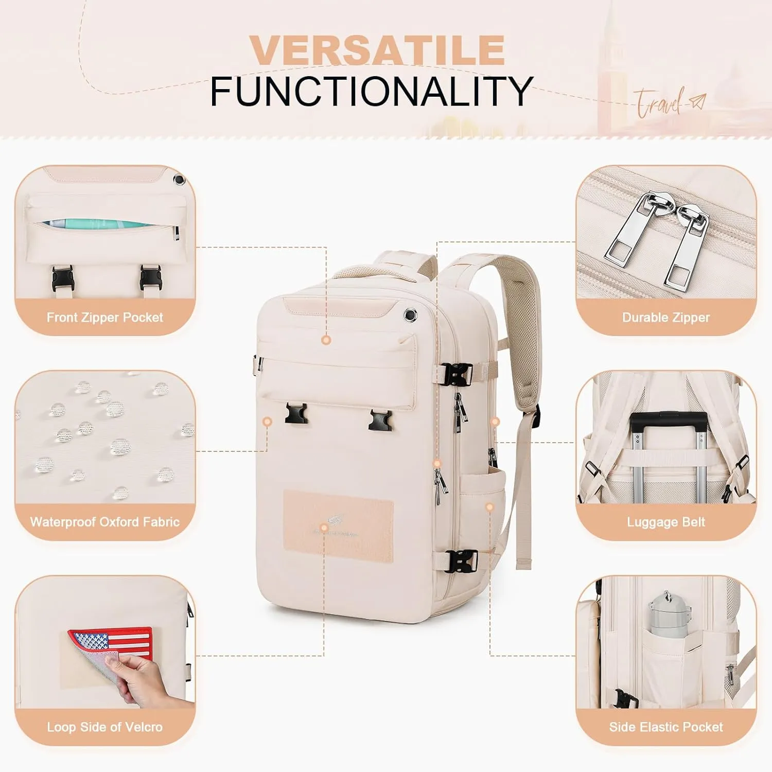 Maelstrom Travel Backpack for Women Men,35L Laptop Backpack Fits 17-Inch Laptop,Carry On Backpack for Airplanes with Crossbody Bag&Shoe Compartment&Toiletry Bag,Beige,Large