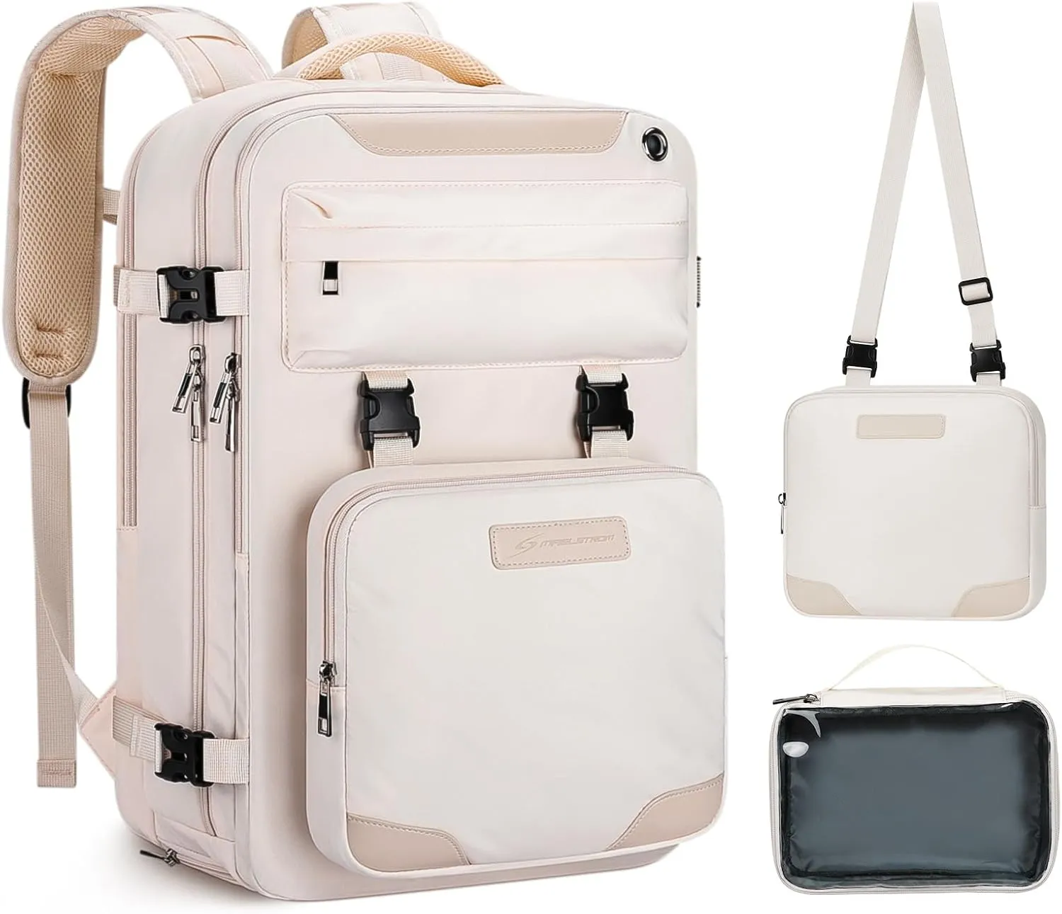 Maelstrom Travel Backpack for Women Men,35L Laptop Backpack Fits 17-Inch Laptop,Carry On Backpack for Airplanes with Crossbody Bag&Shoe Compartment&Toiletry Bag,Beige,Large
