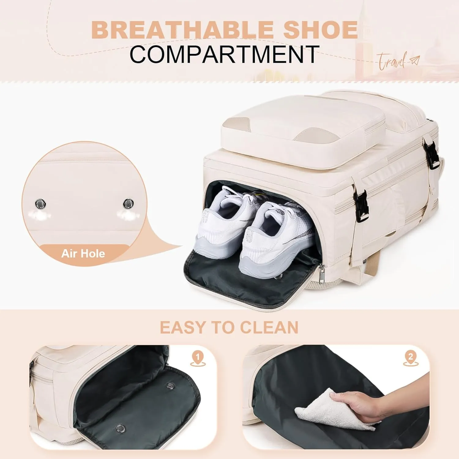Maelstrom Travel Backpack for Women Men,35L Laptop Backpack Fits 17-Inch Laptop,Carry On Backpack for Airplanes with Crossbody Bag&Shoe Compartment&Toiletry Bag,Beige,Large