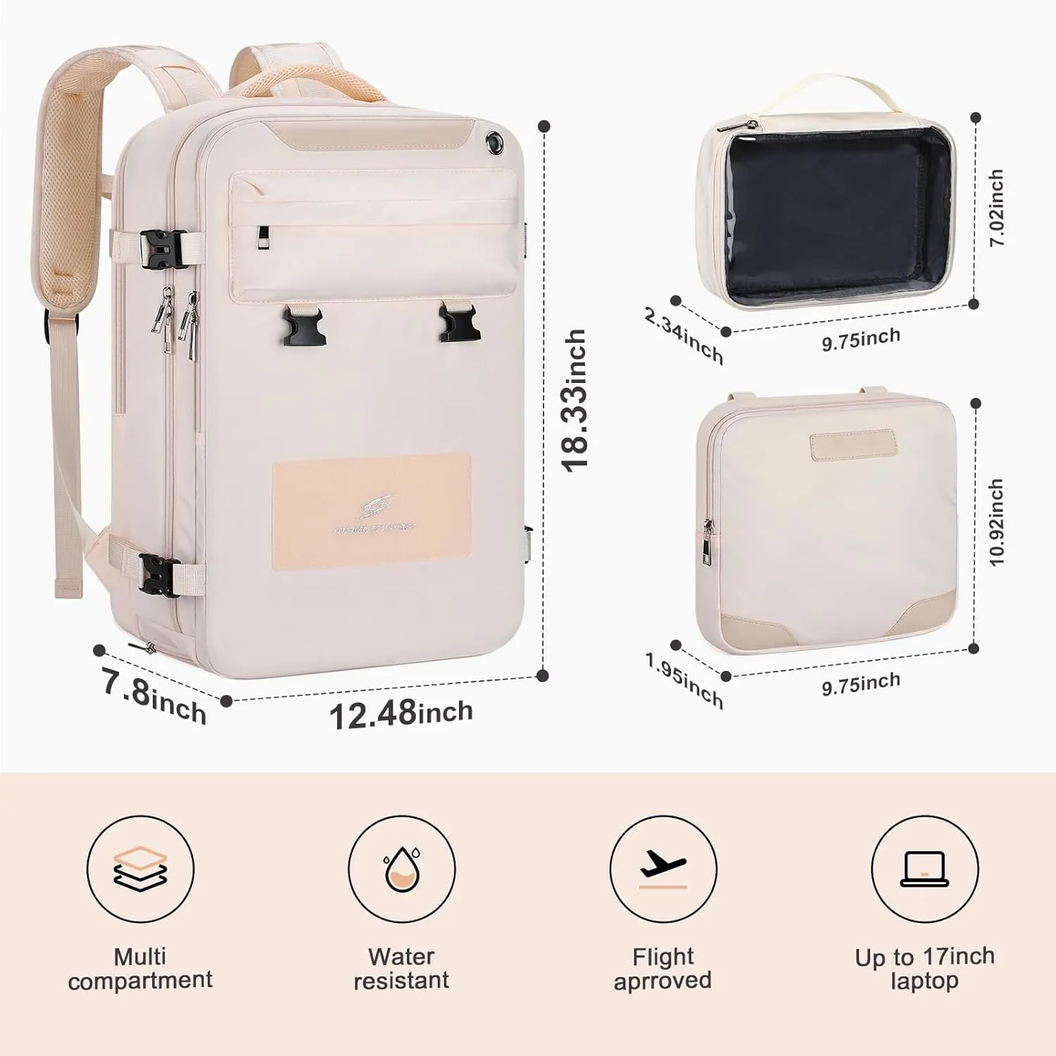 Maelstrom Travel Backpack for Women Men,35L Laptop Backpack Fits 17-Inch Laptop,Carry On Backpack for Airplanes with Crossbody Bag&Shoe Compartment&Toiletry Bag,Beige,Large