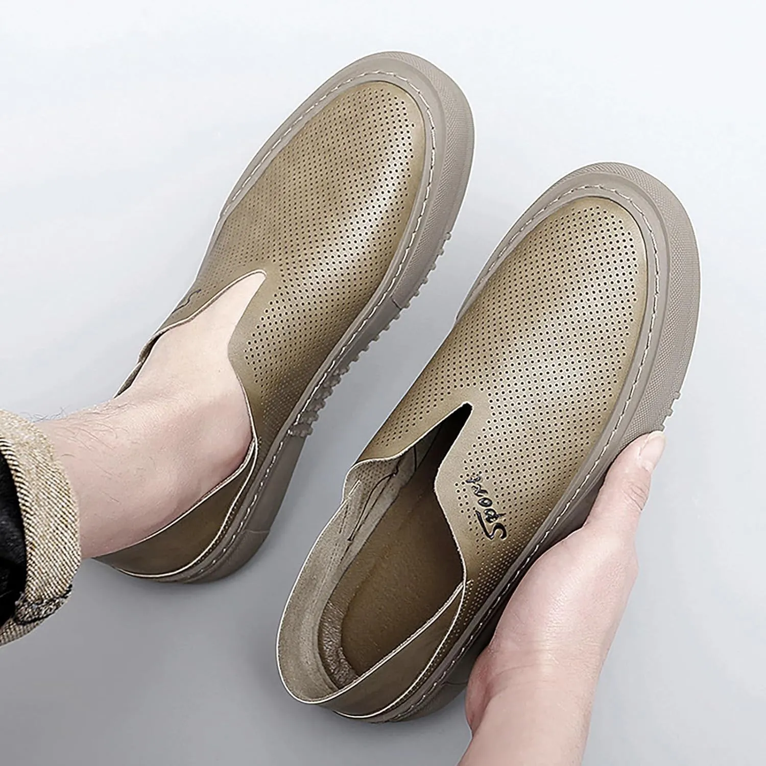 Men's Hollow Soft Sole Slip On Flat Loafers,Handmade Stitching Fashion Casual Outdoor Breathable Lightweight Driving Dress Shoe,Moccasin Cutout Flats