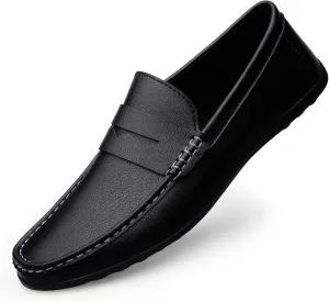 Men's Vintage Hand Stitched Leather Loafers Comfortable Slip On Soft Sole Moccasin Boat Shoes Stylish Casual Driving Walking Dress Flats for Business