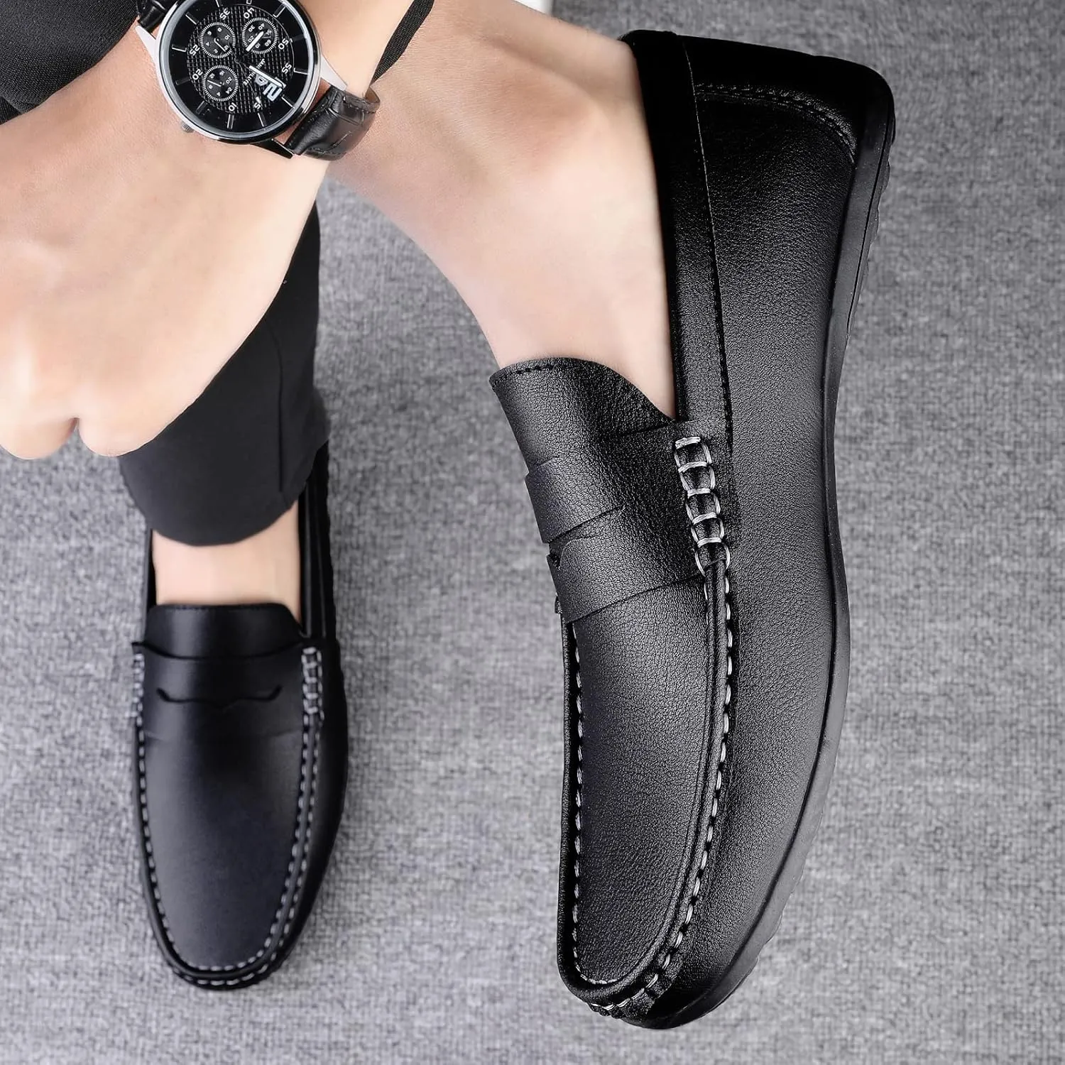 Men's Vintage Hand Stitched Leather Loafers Comfortable Slip On Soft Sole Moccasin Boat Shoes Stylish Casual Driving Walking Dress Flats for Business