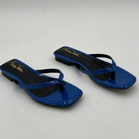 Milooey Blue Women's Square Open Toe Flip Flops Lightweight Thong Flat