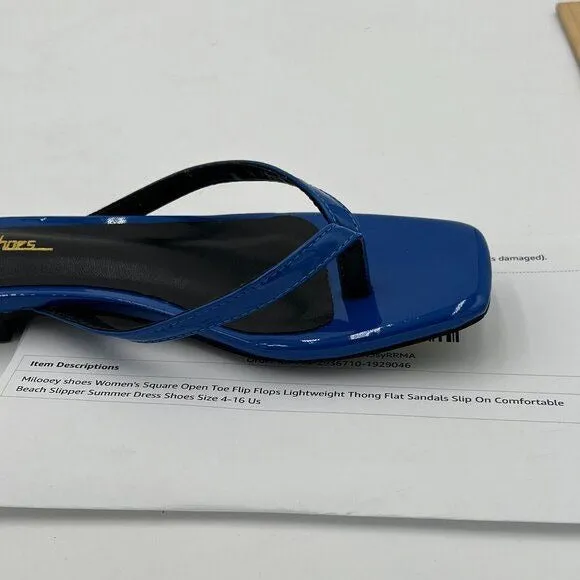 Milooey Blue Women's Square Open Toe Flip Flops Lightweight Thong Flat