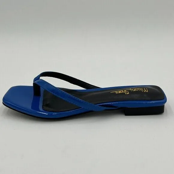 Milooey Blue Women's Square Open Toe Flip Flops Lightweight Thong Flat