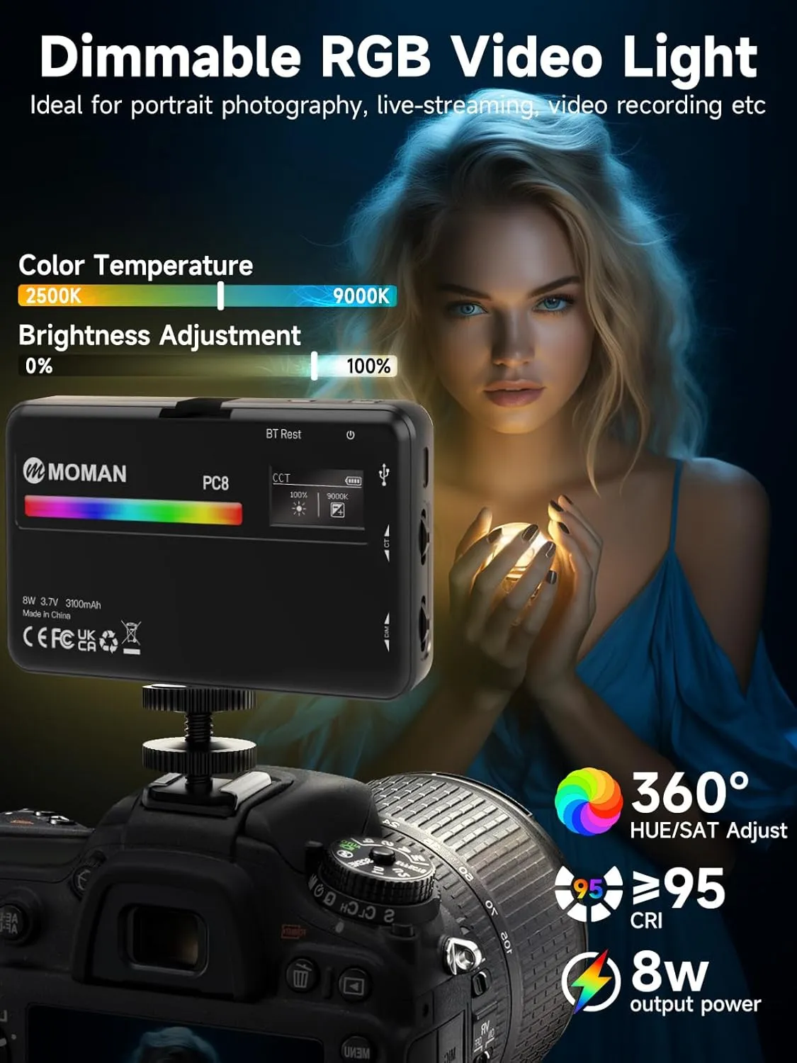 MOMAN On Camera Light, 91 LEDs RGB Camera Video Lights for Photography, CRI 95  Dimmable 2500-9000K, 3100mAh, PC8 Portable Video Recording Lighting Panel with Cold Shoe, On-Camera-Video-Light
