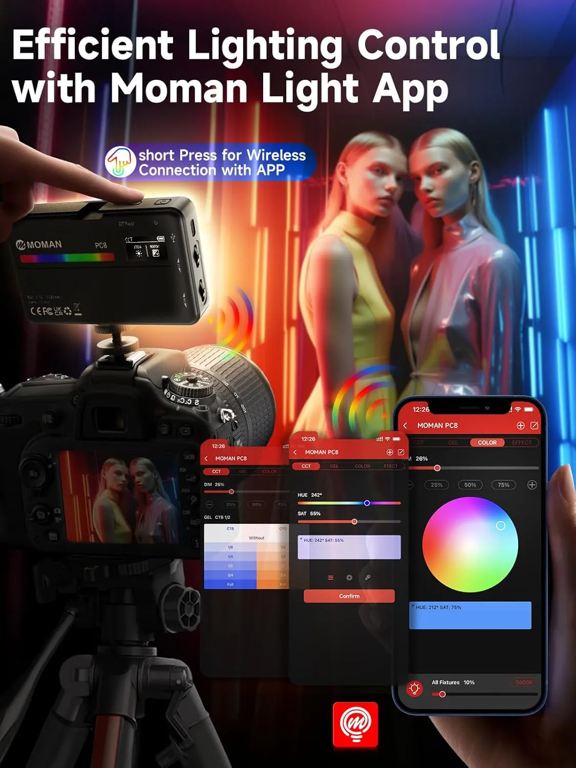 MOMAN On Camera Light, 91 LEDs RGB Camera Video Lights for Photography, CRI 95  Dimmable 2500-9000K, 3100mAh, PC8 Portable Video Recording Lighting Panel with Cold Shoe, On-Camera-Video-Light