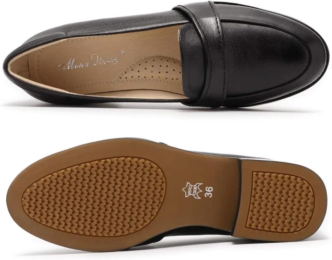 Mona flying Women's Leather Dress Penny Loafers Slip On Flats Office Ladies Casual Shoes