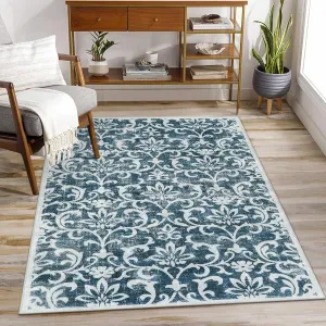 Morebes Vintage Washable Area Rugs 3x5, Blue Floral Rugs for Bedroom Non Slip,Soft Low Pile Indoor Accent Floor Throw Carpet for Living Room Entrance Coffee