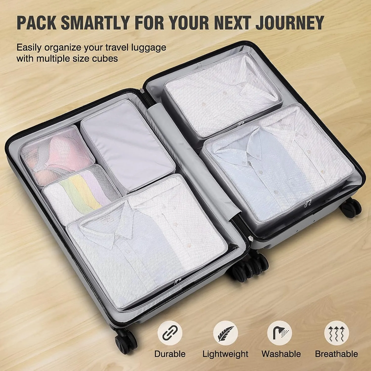 Mossio 6 Set Packing Cubes with Shoe Bag - Lightweight Travel Luggage Suitcase Organizers