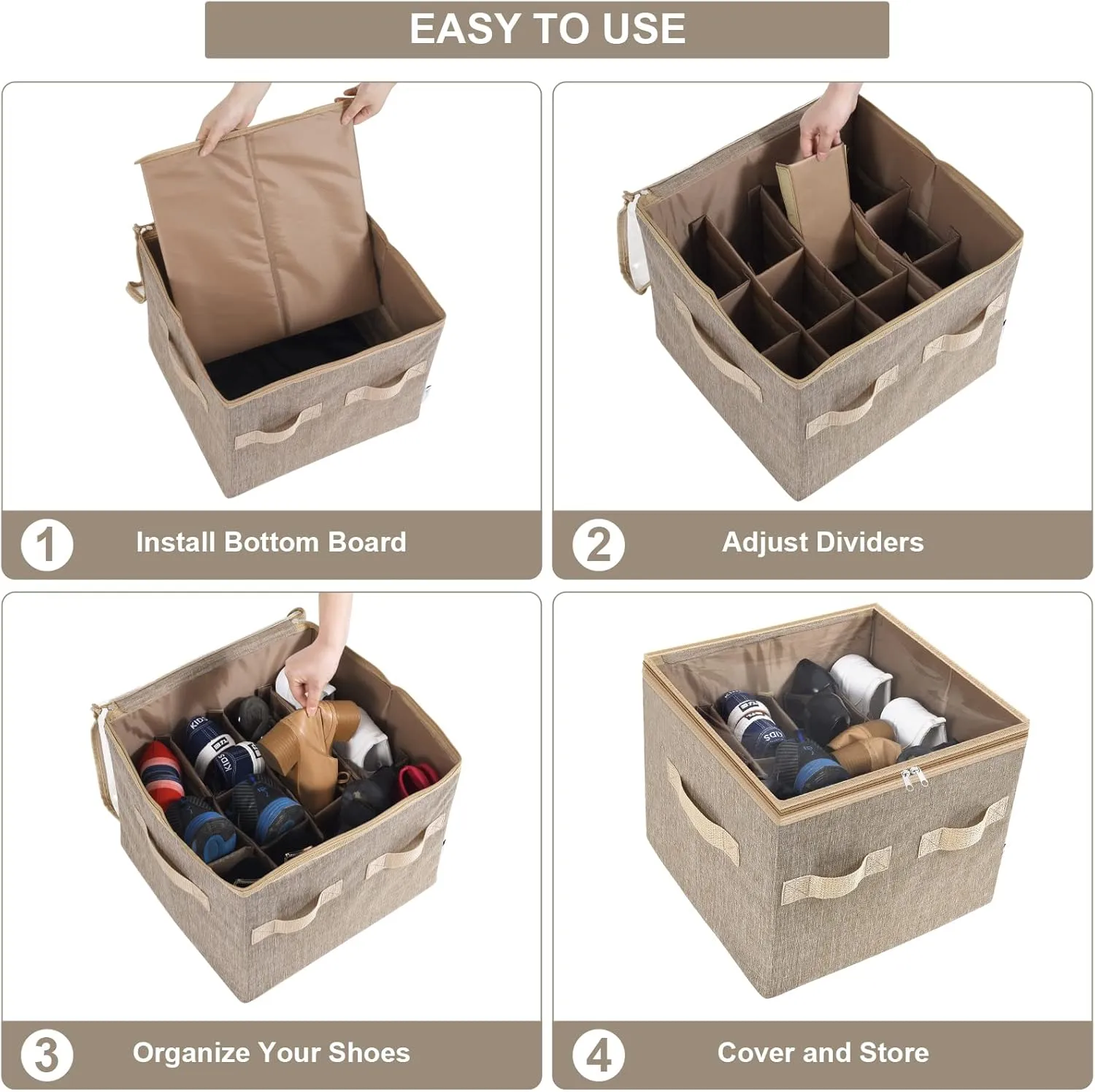 Moteph Shoe Organizer for Closet - Shoe Storage Organizer for Closet Organization with Clear Cover & Adjustable Dividers, Shoe Rack & Basket - (Light Brown, Small - 12 Pairs)