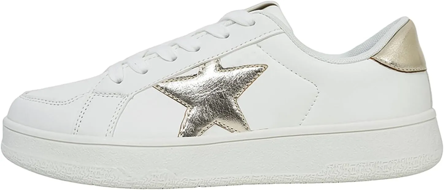 Niluber Star Sneakers for Women Low Top Comfortable Cushioned White Gold Sliver Leopard Platform Sneakers Lace Up Red Glitter Platform Party Shoes