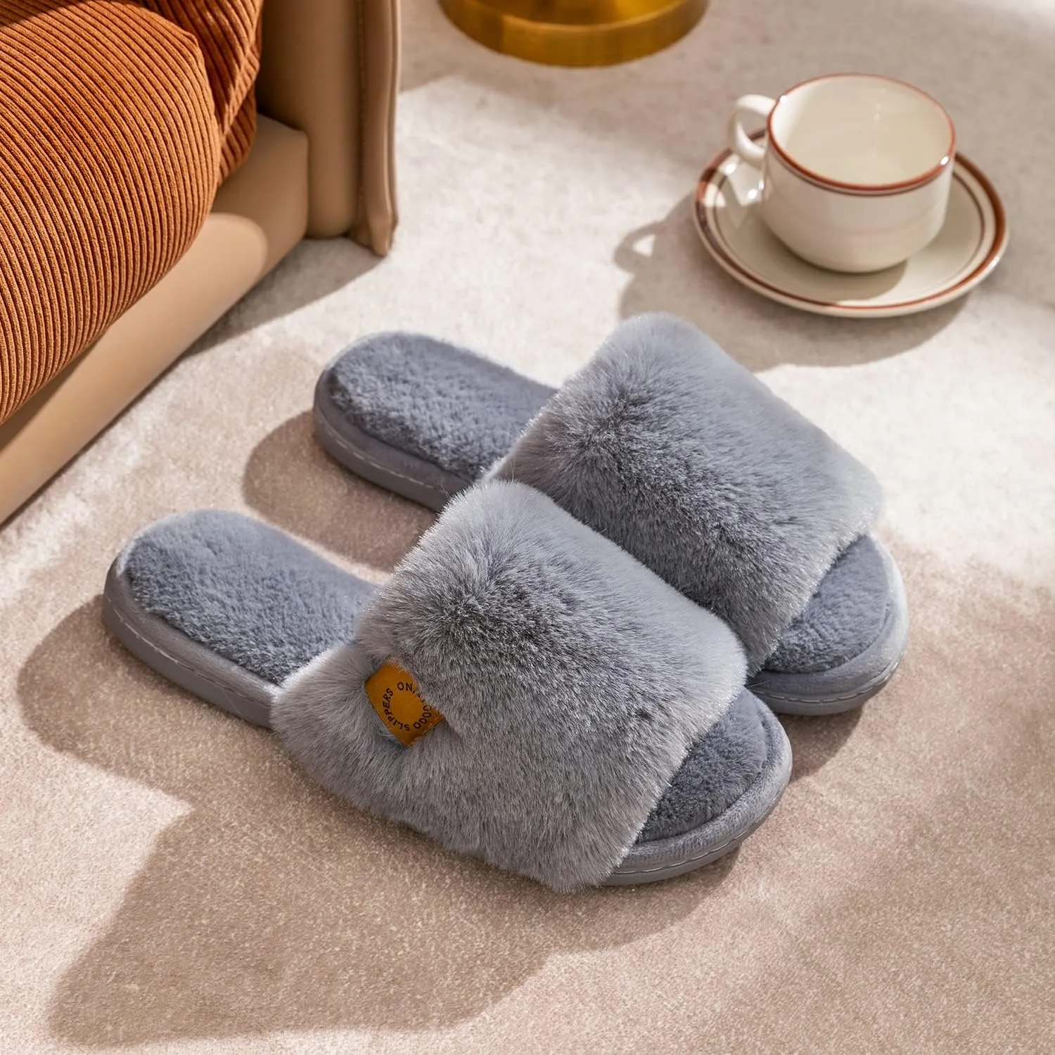 Onmygogo Indoor Slippers for Women Open Toe with Memory Foam, Soft Faux Fur Nonslip House Slippers