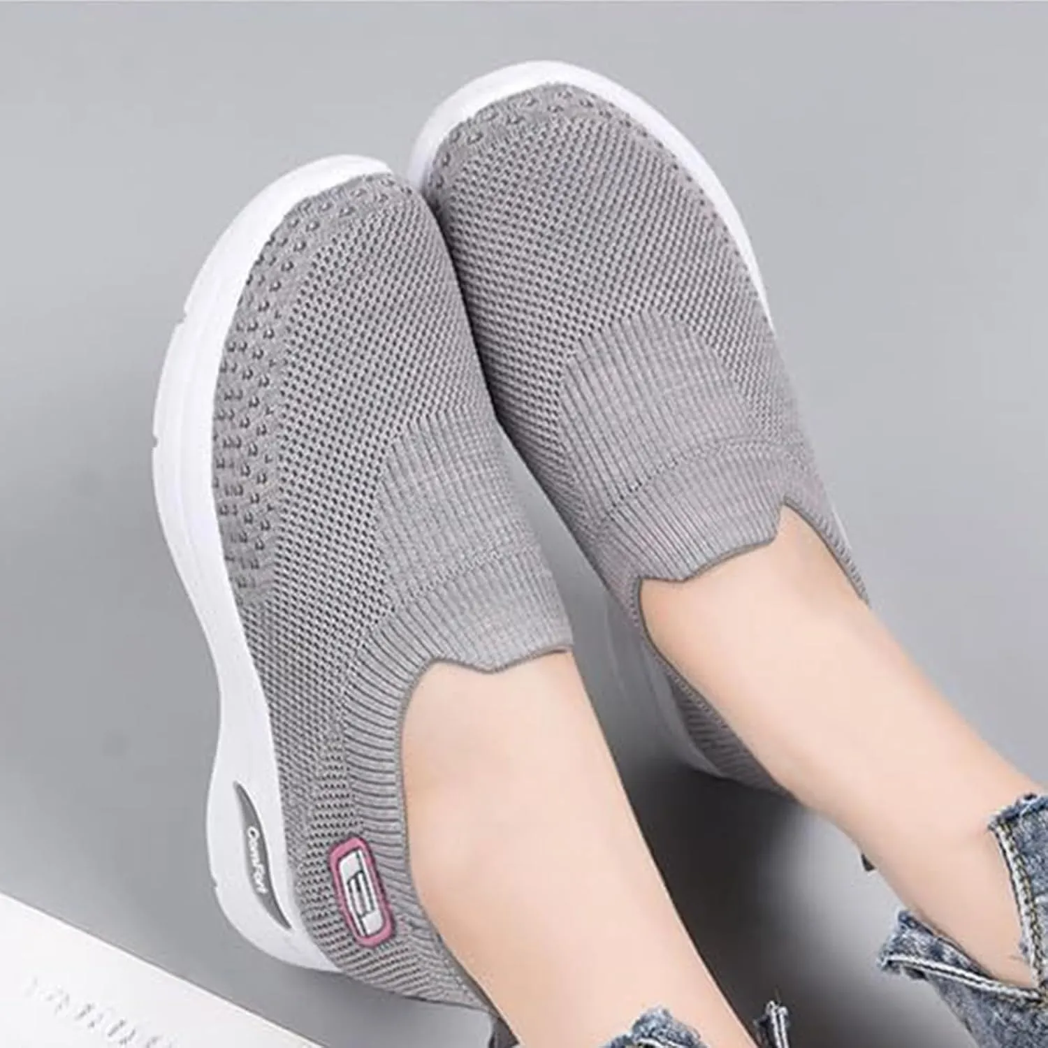 Orthopedic Sneakers for Women Breathable Lightweight Arch Support Air Cushion Slip on Walking Shoes Non Slip Soft Knitted Work Shoes
