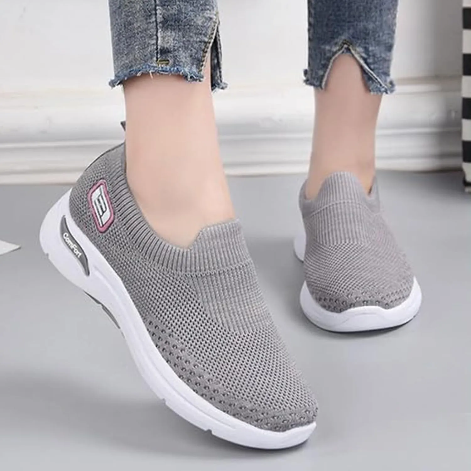 Orthopedic Sneakers for Women Breathable Lightweight Arch Support Air Cushion Slip on Walking Shoes Non Slip Soft Knitted Work Shoes