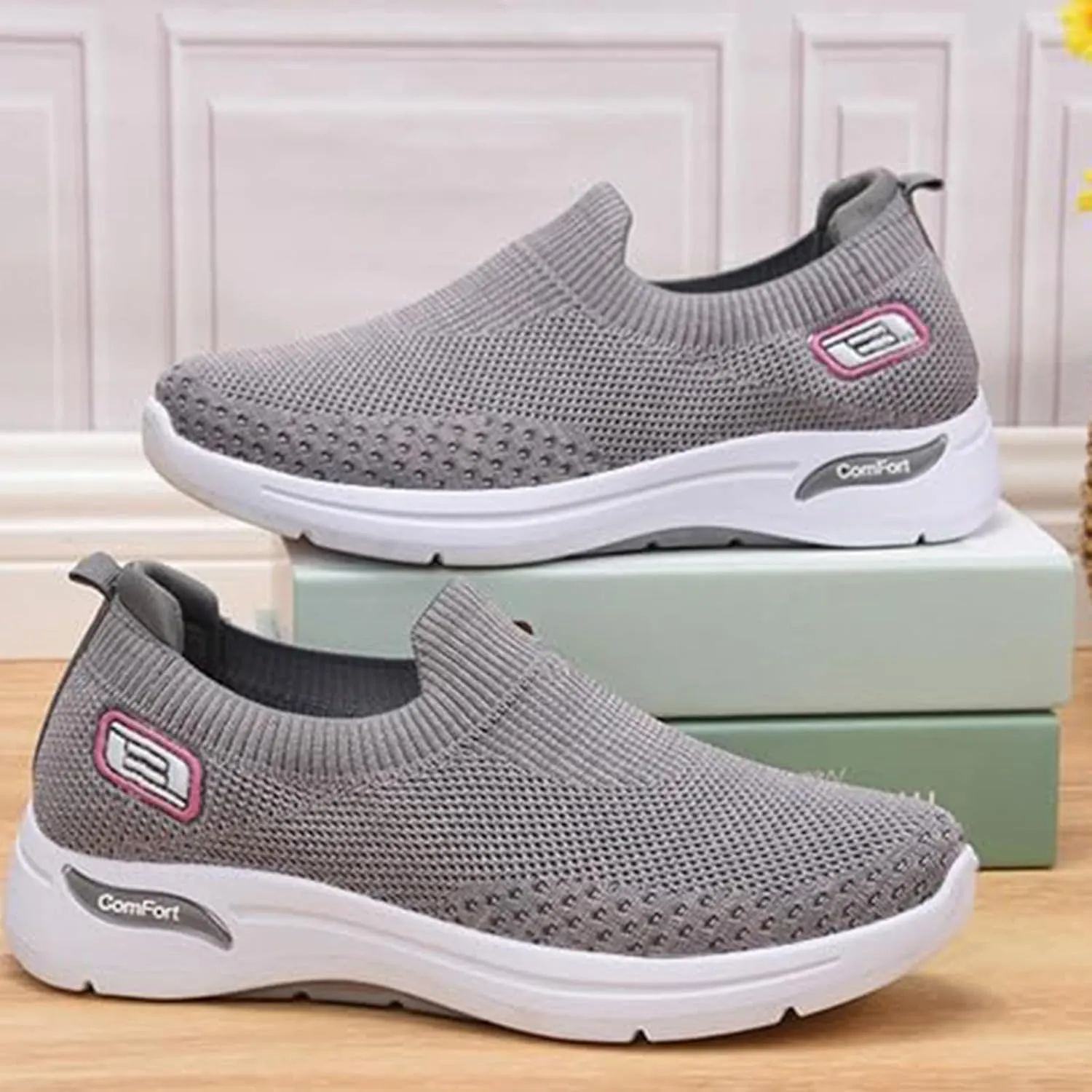 Orthopedic Sneakers for Women Breathable Lightweight Arch Support Air Cushion Slip on Walking Shoes Non Slip Soft Knitted Work Shoes