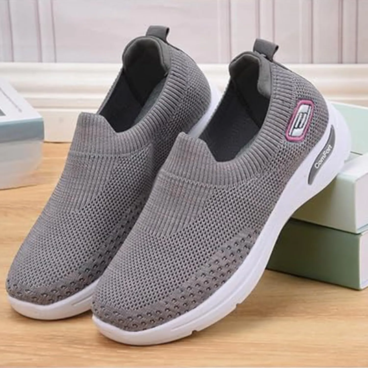 Orthopedic Sneakers for Women Breathable Lightweight Arch Support Air Cushion Slip on Walking Shoes Non Slip Soft Knitted Work Shoes
