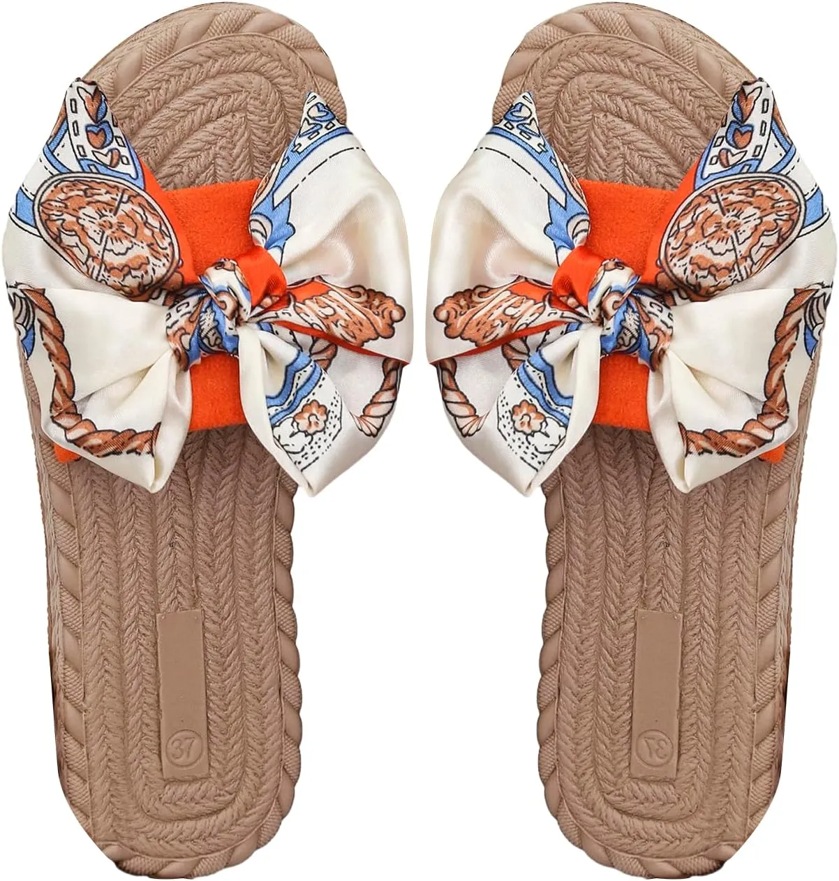 OYOANGLE Women's Bow Decor Slide Sandals Outdoor Flat Sandals Vacation Summer Open Toe Single Band Slip on Slide Sandal