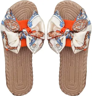 OYOANGLE Women's Bow Decor Slide Sandals Outdoor Flat Sandals Vacation Summer Open Toe Single Band Slip on Slide Sandal
