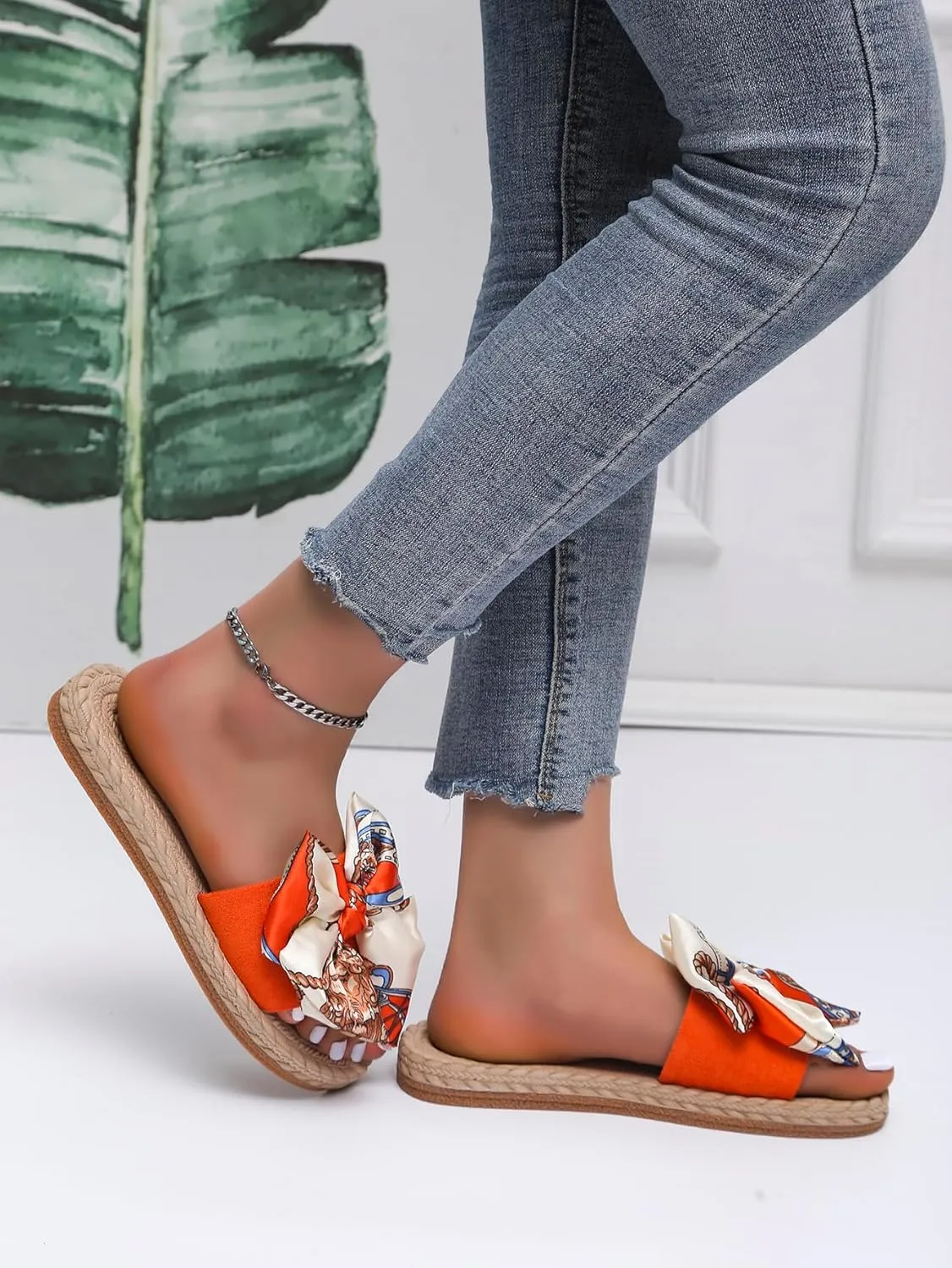 OYOANGLE Women's Bow Decor Slide Sandals Outdoor Flat Sandals Vacation Summer Open Toe Single Band Slip on Slide Sandal