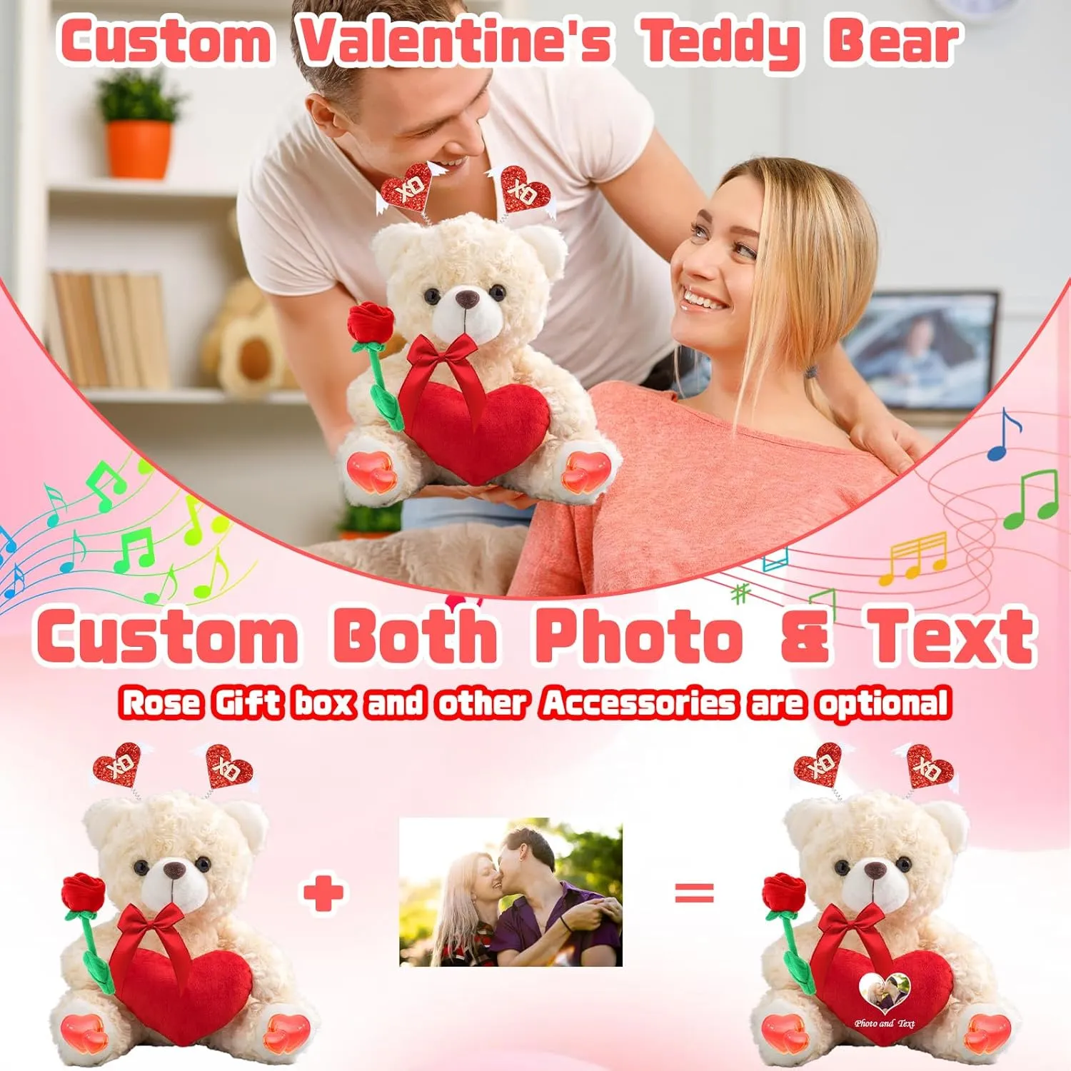 Personalized Teddy Bear with Heart for Him Her Valentine Bear with Photo  Text, Personalized Gifts Valentine Teddy Bear as Customized Gifts for Valentines Day (8 inch-Text Photo)