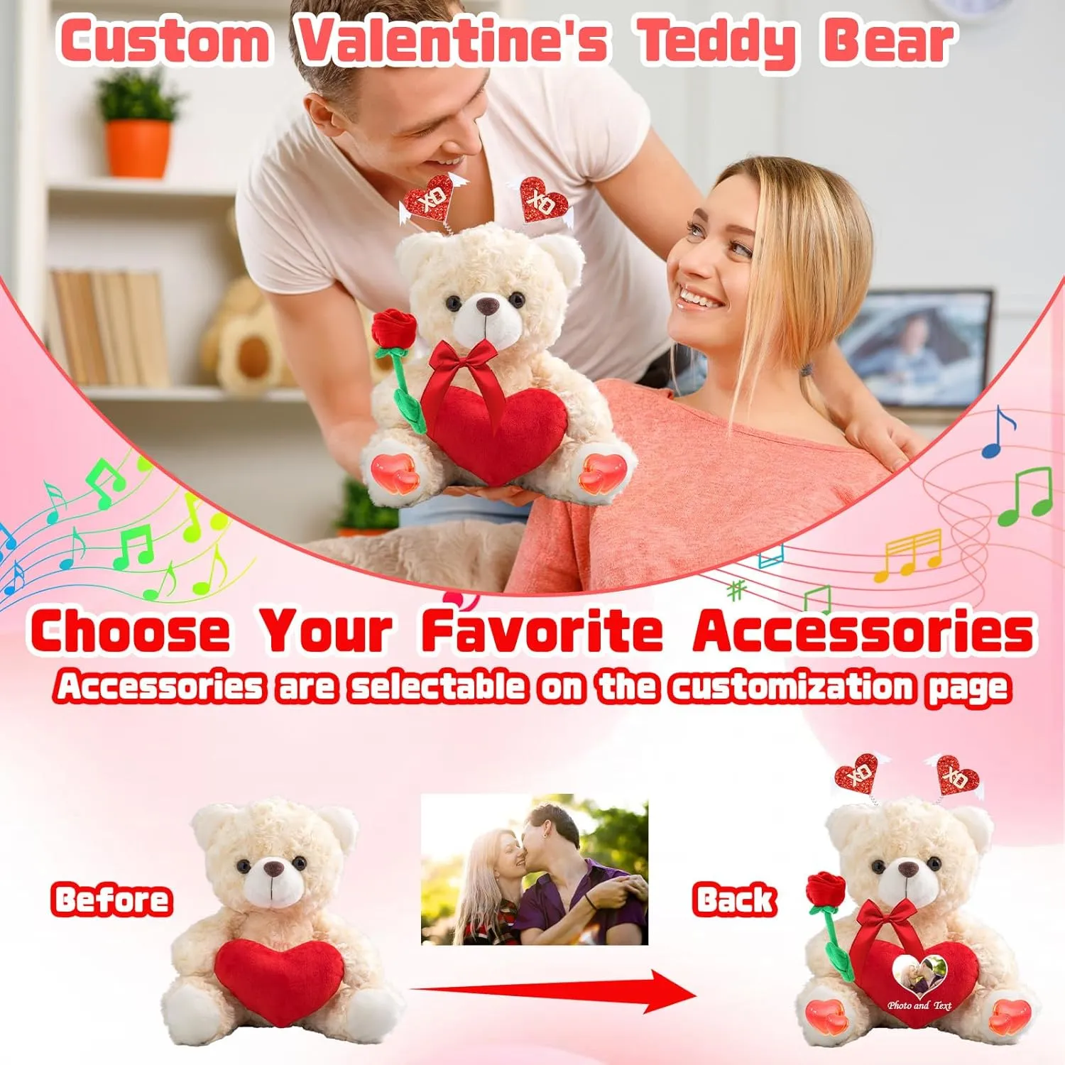 Personalized Teddy Bear with Heart for Him Her Valentine Bear with Photo  Text, Personalized Gifts Valentine Teddy Bear as Customized Gifts for Valentines Day (8 inch-Text Photo)