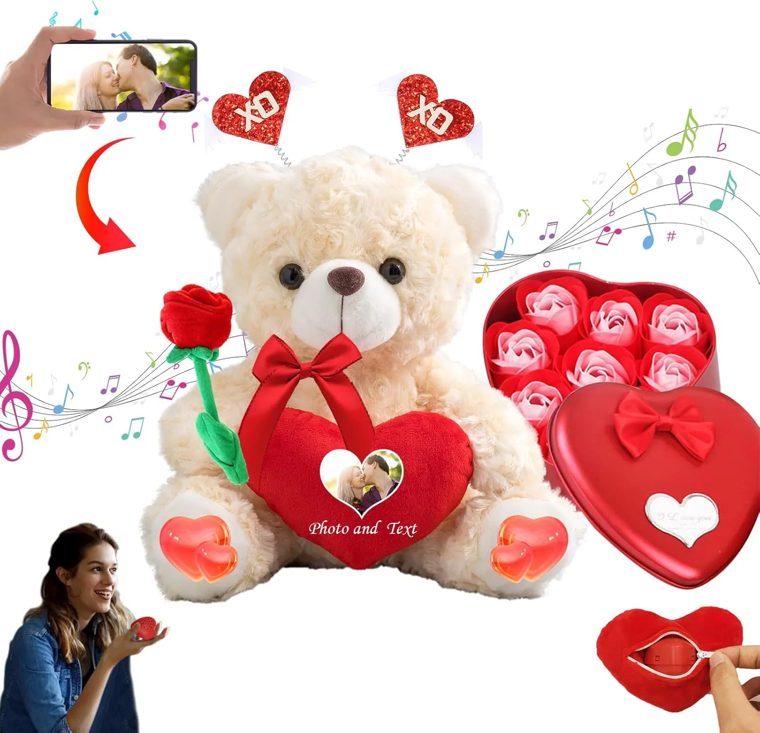 Personalized Teddy Bear with Heart for Him Her Valentine Bear with Photo  Text, Personalized Gifts Valentine Teddy Bear as Customized Gifts for Valentines Day (8 inch-Text Photo)