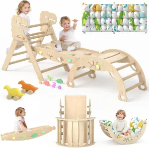 Pikler Triangle Set with Cushion 9 in 1 Climbing Toys for Toddlers 1-3 Indoor Baby Climbing Gym Toddler Montessori Toys Wooden Playground with Maze, Shape Sorting Game, Dinosaur Car