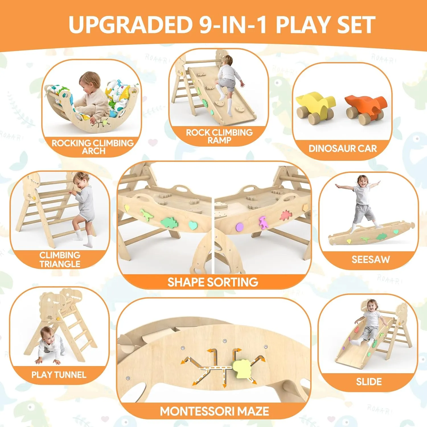 Pikler Triangle Set with Cushion 9 in 1 Climbing Toys for Toddlers 1-3 Indoor Baby Climbing Gym Toddler Montessori Toys Wooden Playground with Maze, Shape Sorting Game, Dinosaur Car