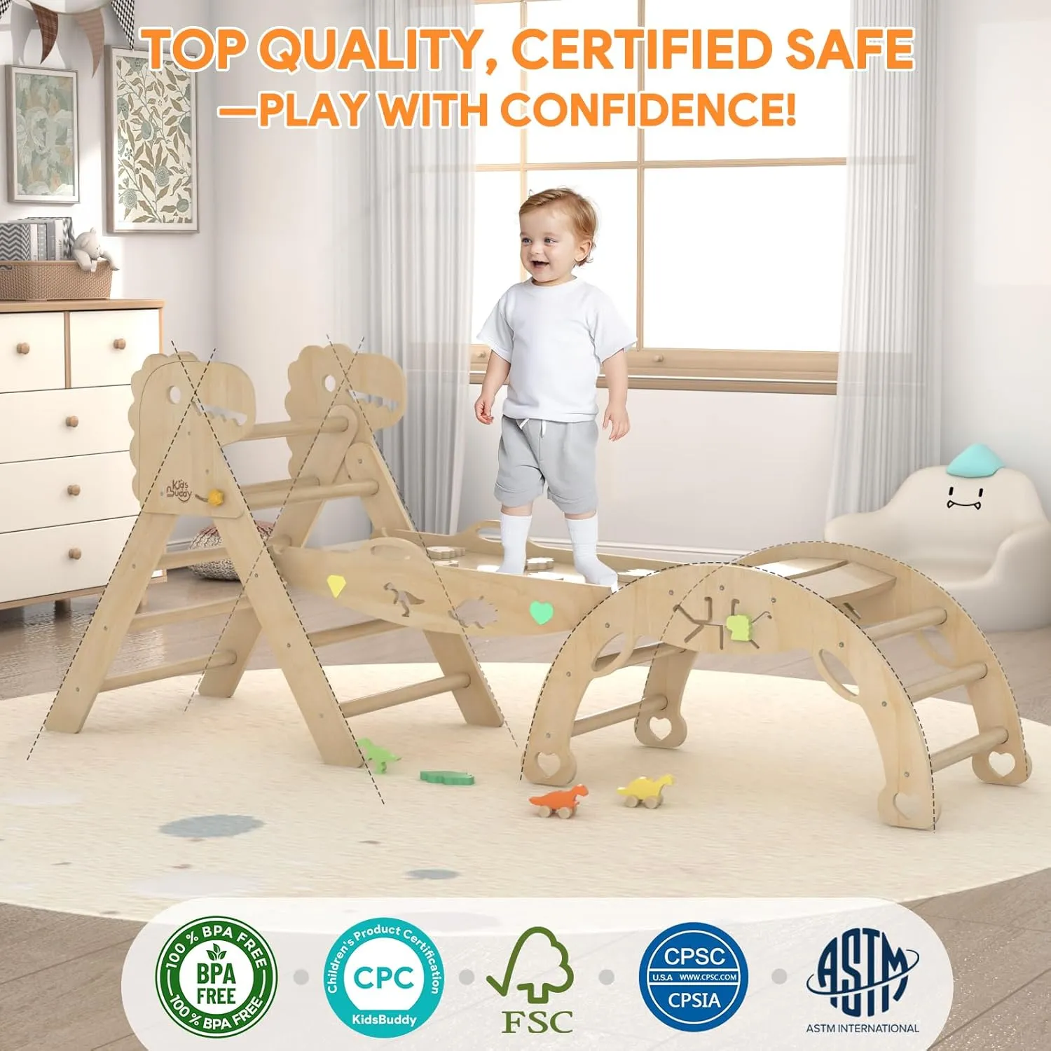 Pikler Triangle Set with Cushion 9 in 1 Climbing Toys for Toddlers 1-3 Indoor Baby Climbing Gym Toddler Montessori Toys Wooden Playground with Maze, Shape Sorting Game, Dinosaur Car