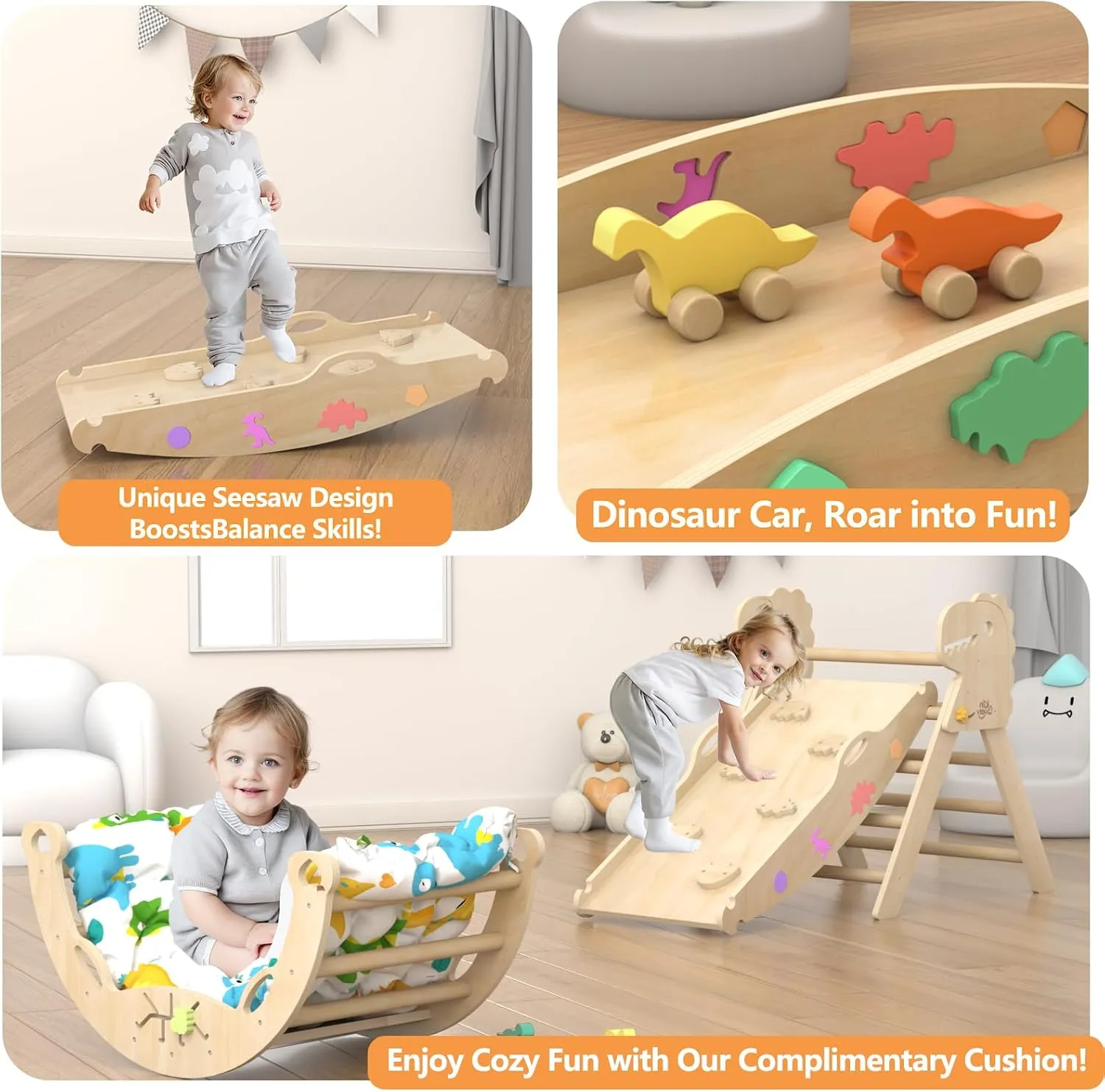 Pikler Triangle Set with Cushion 9 in 1 Climbing Toys for Toddlers 1-3 Indoor Baby Climbing Gym Toddler Montessori Toys Wooden Playground with Maze, Shape Sorting Game, Dinosaur Car