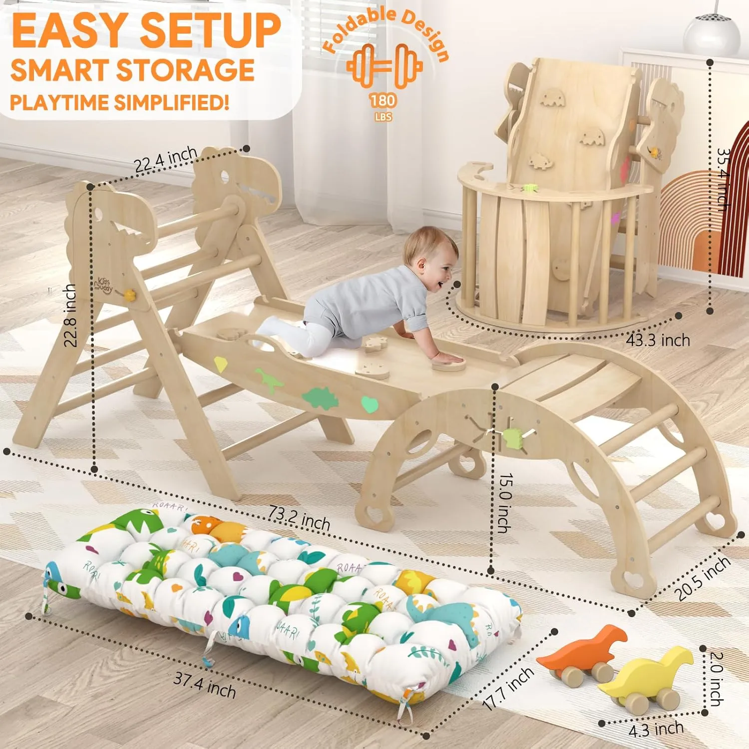 Pikler Triangle Set with Cushion 9 in 1 Climbing Toys for Toddlers 1-3 Indoor Baby Climbing Gym Toddler Montessori Toys Wooden Playground with Maze, Shape Sorting Game, Dinosaur Car