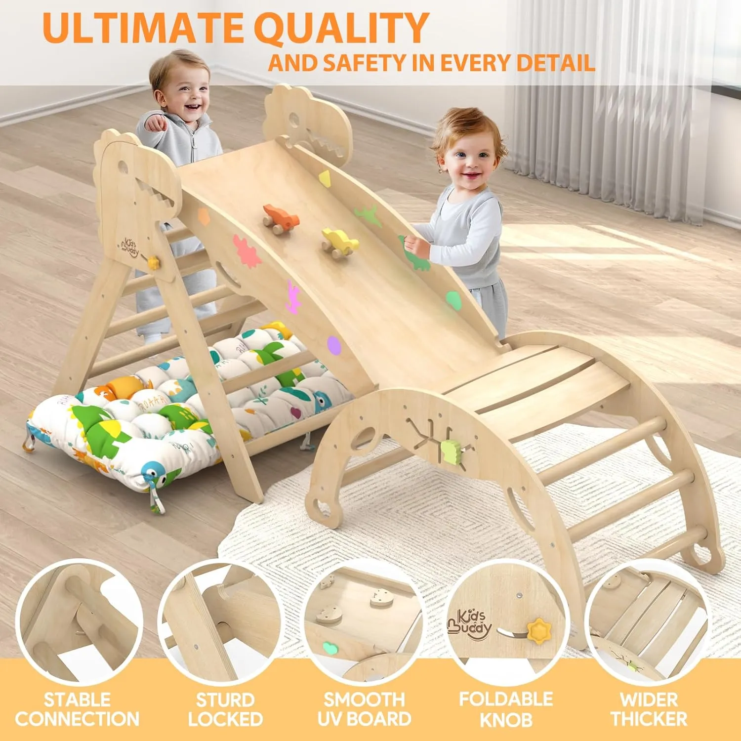 Pikler Triangle Set with Cushion 9 in 1 Climbing Toys for Toddlers 1-3 Indoor Baby Climbing Gym Toddler Montessori Toys Wooden Playground with Maze, Shape Sorting Game, Dinosaur Car