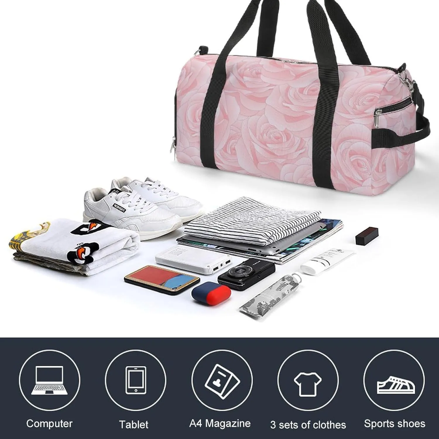 Pink Rose Duffel Bag with Shoe Compartment Lightweight for Travel Gym