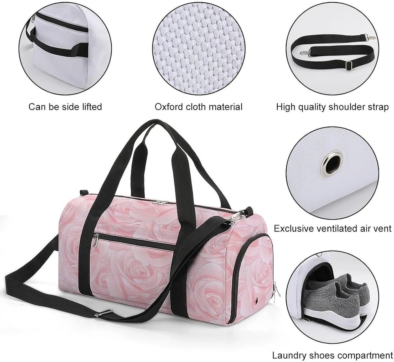 Pink Rose Duffel Bag with Shoe Compartment Lightweight for Travel Gym